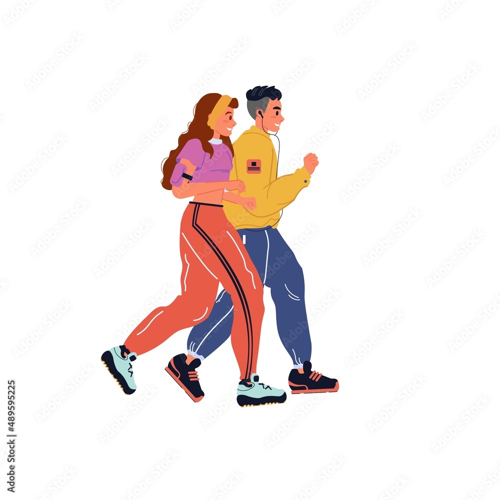Obraz premium Vector flat cartoon running characters,stylish young man and woman doing cardio sports,runs isolated on empty background-life scene,healthy sporty lifestyle social concept,web site banner ad design