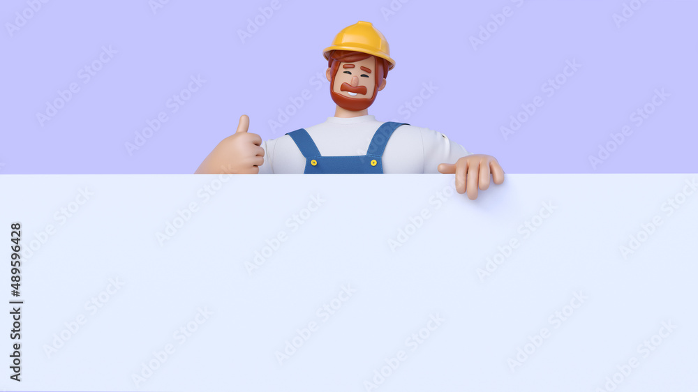 Builder showing thumbs up gesture, holding on banner template, 3d render Builder showing thumbs up gesture, holding on banner template, 3d render