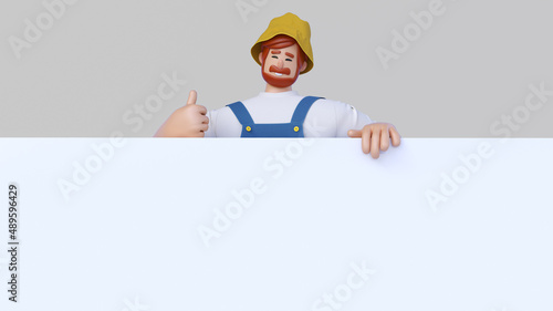 Gardener showing thumbs up gesture, holding on banner template, 3d render