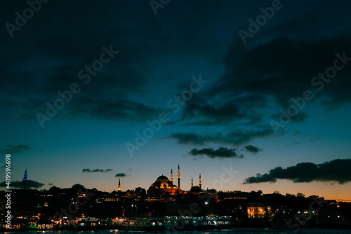 Mosque. Suleymaniye Mosque and Istanbul at sunset