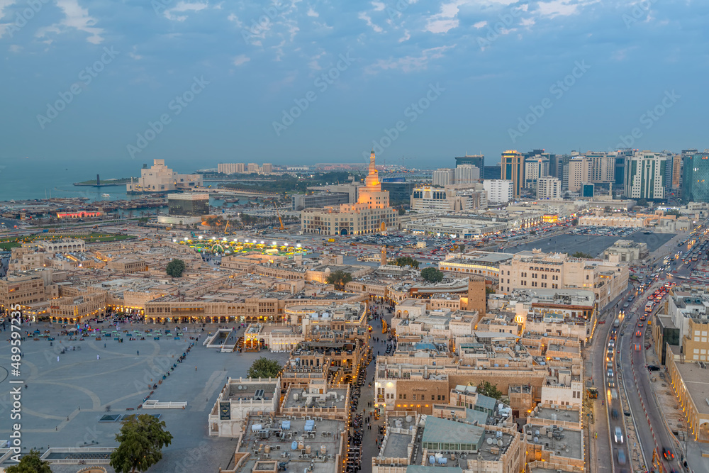 Aerial view of Doha city with souq waqif. Doha Roads and traffic