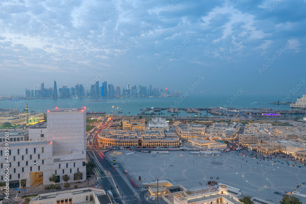 Fototapeta premium Aerial view of Doha city with souq waqif. Doha Roads and traffic
