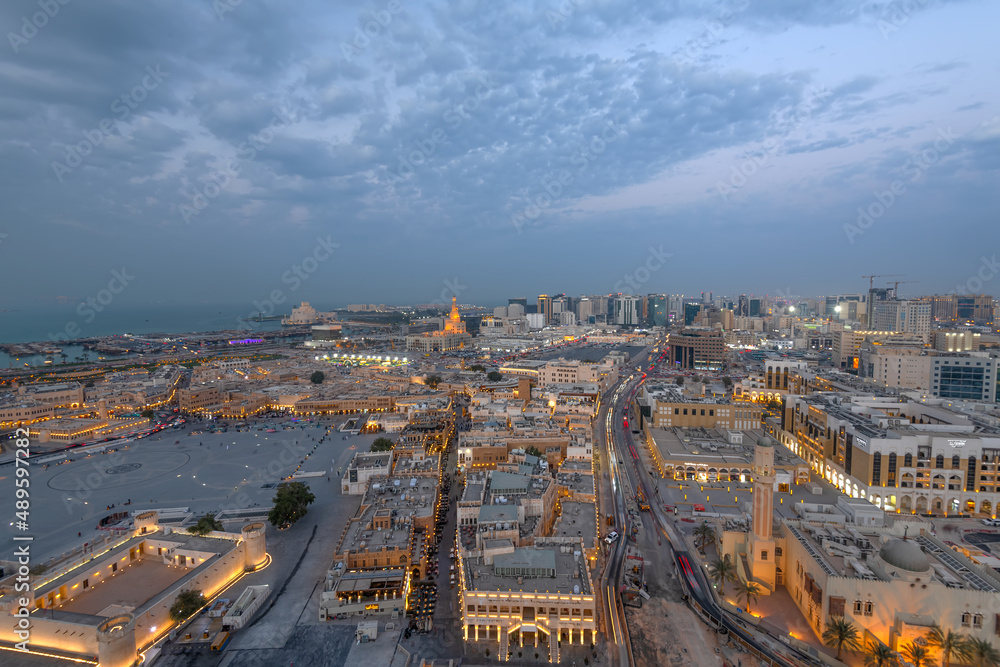 Aerial view of Doha city with souq waqif. Doha Roads and traffic
