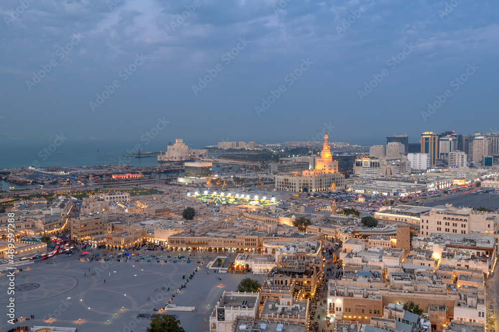 Aerial view of Doha city with souq waqif. Doha Roads and traffic