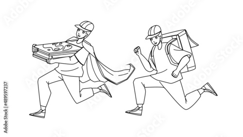 delivery man courier service. food box. Black Line Pencil Drawing Vector. fast order. deliver boy. package express person character web Illustration