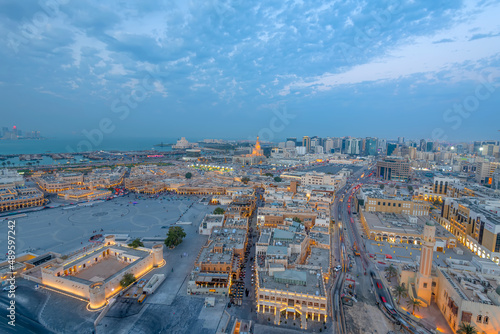 Aerial view of Doha city with souq waqif. Doha Roads and traffic © hasan