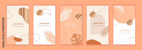 Minimalistic art. Set of abstract templates for banners, posters, stories, flyers, covers. Vector illustration. Abstract shapes, lines and spots. Simple flat background. Summer golden design  