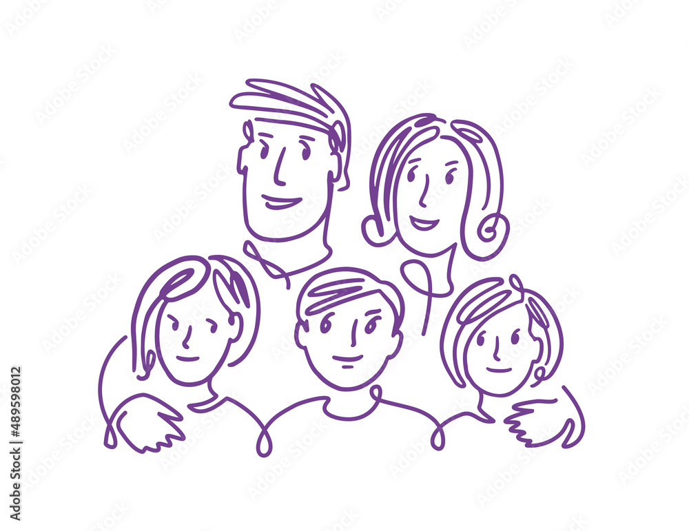 Happy family. Parents with children doodle. Cute cartoon drawn in linear style vector illustration