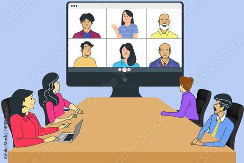 Online video conference meeting with businesswomen and businessmen. Vector illustration.