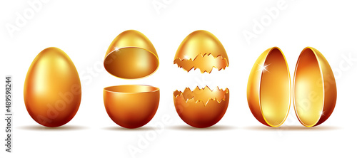 Set of Golden eggs with broken, exploded eggshell. Easter holiday symbol.