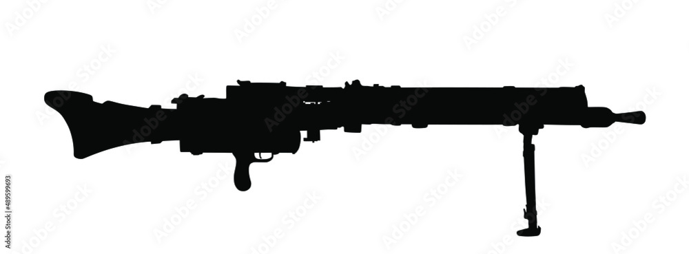 Machine gun vector silhouette illustration isolated on white background. Deadly powerful army weapon. Military rifle symbol.