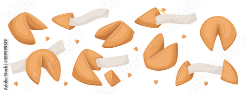 Set of Chinese fortune cookies with blank paper template. Open and closed fortune cookies. Surprised Message inside of Bake. Destiny Forecast. Vector illustrations isolated on white background.