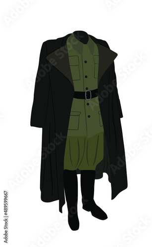 WW2 Germany officer uniform vector illustration isolated on white background. Military clothes, overcoat and boots. High ranked soldier symbol. Battle commander in war clothing.