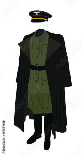 WW2 Germany officer uniform vector illustration isolated on white background. Military clothes, overcoat hat and boots. High ranked soldier symbol. Battle commander in war clothing.