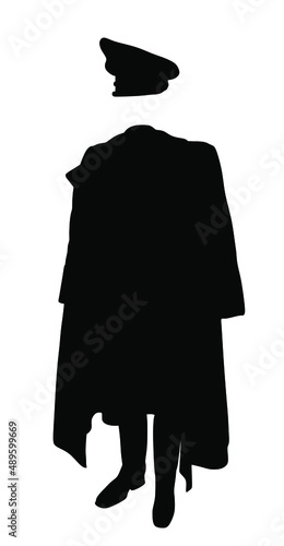 WW2 Germany officer uniform vector silhouette illustration isolated on white background. Military clothes, overcoat hat and boots. High ranked soldier symbol. Battle commander in war clothing shape.