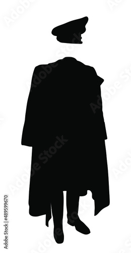 WW2 Germany officer uniform vector silhouette illustration isolated on white background. Military clothes, overcoat hat and boots. High ranked soldier symbol. Battle commander in war clothing shape.