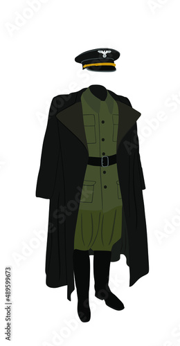 WW2 Germany officer uniform vector illustration isolated on white background. Military clothes, overcoat hat and boots. High ranked soldier symbol. Battle commander in war clothing.