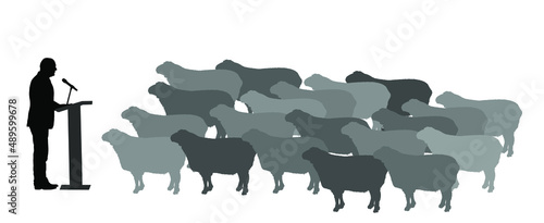 Satire humor, politician man campaign speech present public opinion against flock of sheep vector silhouette illustration isolated on white background. Media influence and manipulation during election