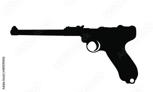 Vintage pistol Luger Parabellum P 08 gun vector silhouette illustration isolated on white background. WW2 Germany officers personal weapon. Military war operation in Second War symbol. photo