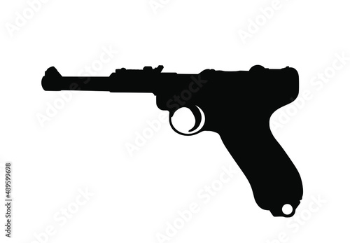 Vintage pistol Luger Parabellum P 08 gun vector silhouette illustration isolated on white background. WW2 Germany officers personal weapon. Military war operation in Second War symbol. photo