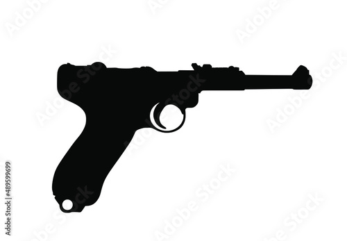 Vintage pistol Luger Parabellum P 08 gun vector silhouette illustration isolated on white background. WW2 Germany officers personal weapon. Military war operation in Second War symbol.