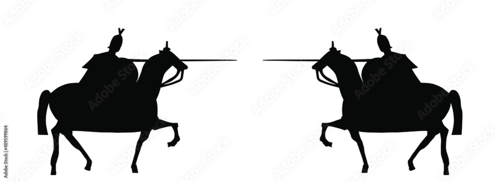 Knights in battle riding horse with armor helmet and spear vector ...