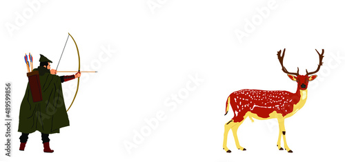 Hunter archer hunting deer vector illustration isolated on white background. Powerful buck huge antlers trophy. Medieval soldier with bow arrow in forest hunt animal. Robin Hood need food.