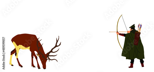 Hunter archer hunting deer vector illustration isolated on white background. Powerful buck huge antlers trophy. Medieval soldier with bow arrow in forest hunt animal. Robin Hood need food.