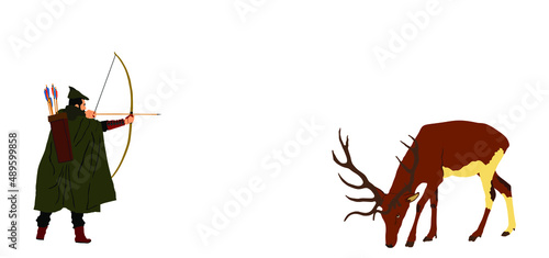 Hunter archer hunting deer vector illustration isolated on white background. Powerful buck huge antlers trophy. Medieval soldier with bow arrow in forest hunt animal. Robin Hood need food.
