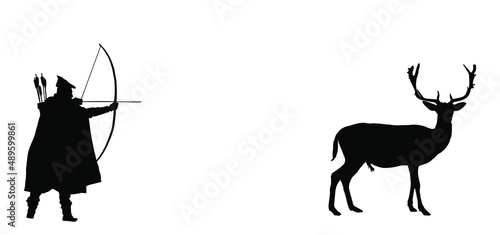 Hunter archer hunting deer vector silhouette illustration isolated on white background. Powerful buck huge antlers trophy. Medieval soldier with bow arrow in forest hunt animal. Robin Hood need food.