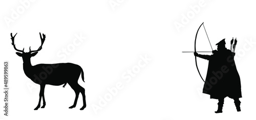Hunter archer hunting deer vector silhouette illustration isolated on white background. Powerful buck huge antlers trophy. Medieval soldier with bow arrow in forest hunt animal. Robin Hood need food.