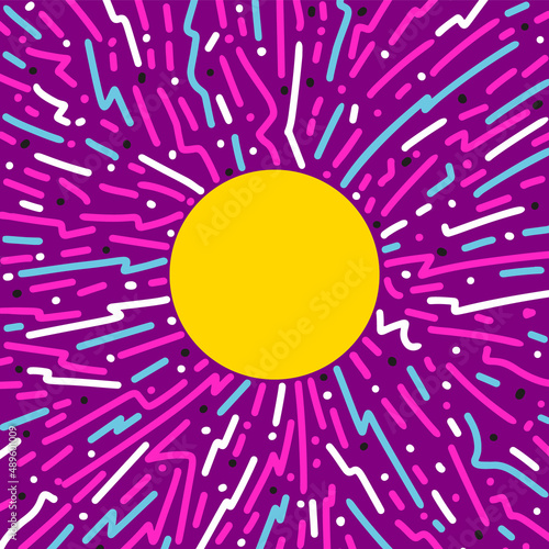 Cartoon doodle frame with geometric shapes lines, bolts and dots. Pop art colorful simple sunburst design with space for text. Vector illustration for social media stories.