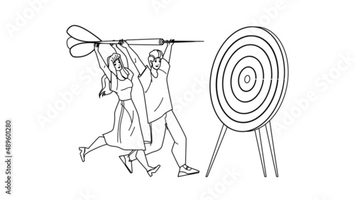 Business Target Achievement Businesspeople Black Line Pencil Drawing Vector. Young Man And Woman Aiming With Dart Arrow, Business Target And Goal. Characters Targeting Togetherness Illustration
