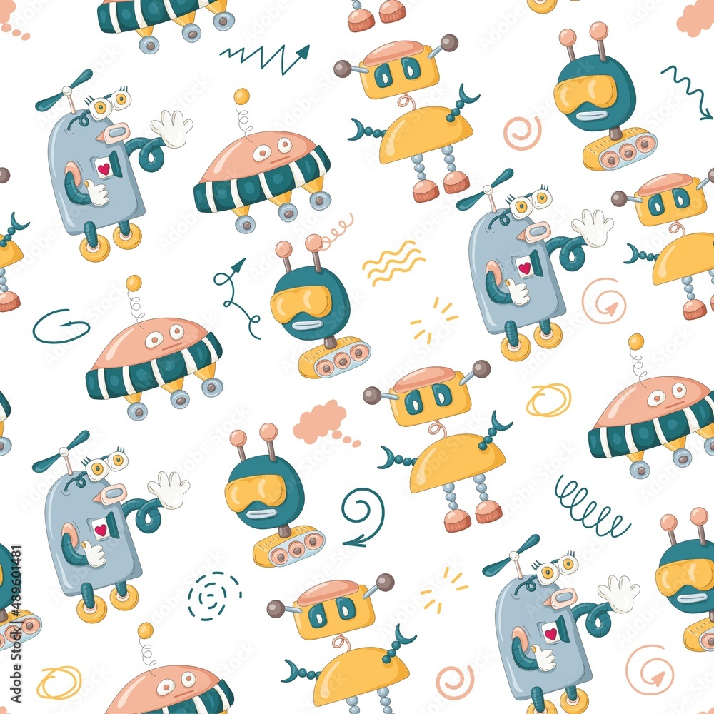 Obraz premium Seamless pattern of happy smiling cartoon robots for children. Robots. Vector illustration.