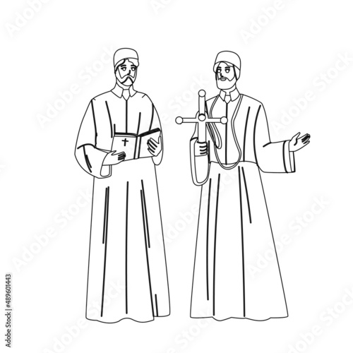 Catholic Priest Men With Praying Cross Black Line Pencil Drawing Vector. Catholic Priest Holding And Reading Bible Religion Book During Mass On Altar. Characters Catholicism Religious Pastors