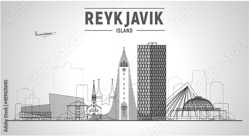 Reykjavik Iceland skyline with panorama in white background. Vector Illustration. Business travel and tourism concept with modern buildings. Image for banner or website.