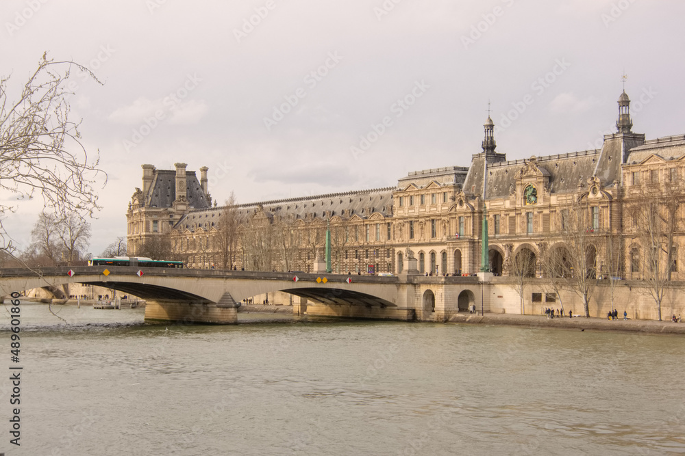 View of the right bank over the Seine in Paris, France