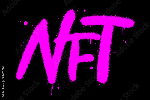 Urban street grafitti style. Slogan of NFT.  Crypto graphic asset. Urban street graffiti, y2k style. Vector illustration. Neon purple colour. Unique limited edition art. Vector illustration.