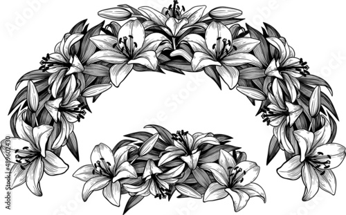 graphical lily flower arc composition, black and white.