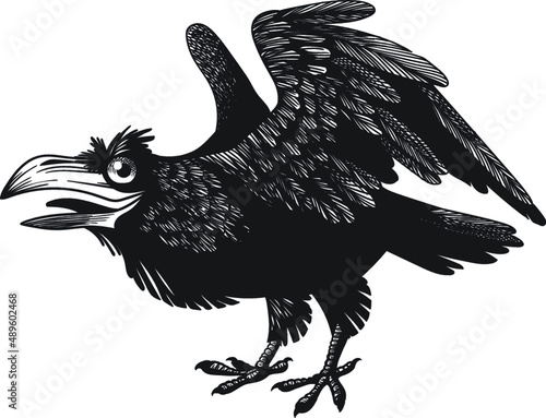 Black crazy cartoon raven. Isolated, no background. Engraving style.