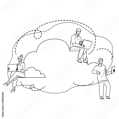 Cloud Sync Electronic Device With Storage Black Line Pencil Drawing Vector. Man And Woman Young People Cloud Sync Laptop And Smartphones With Server. Characters Gadget Internet Connection Illustration