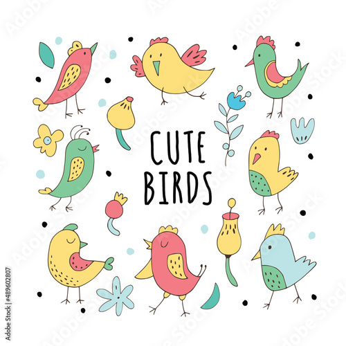 Cute cartoon birds - funny vector set. 