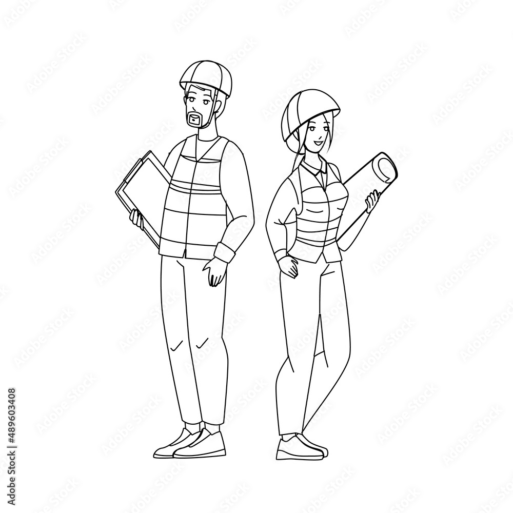 architect builder worker. Black Line Pencil Drawing Vector. construction engineer. man woman helmet. building house character web Illustration