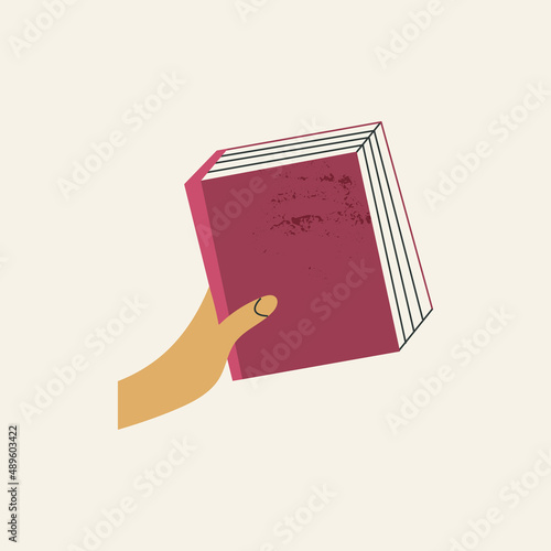 Woman's hand holding closed book flat cartoon vector illustration isolated on white background. Student arm. Education and knowledge concept. Swap literature event, library day, culture festival