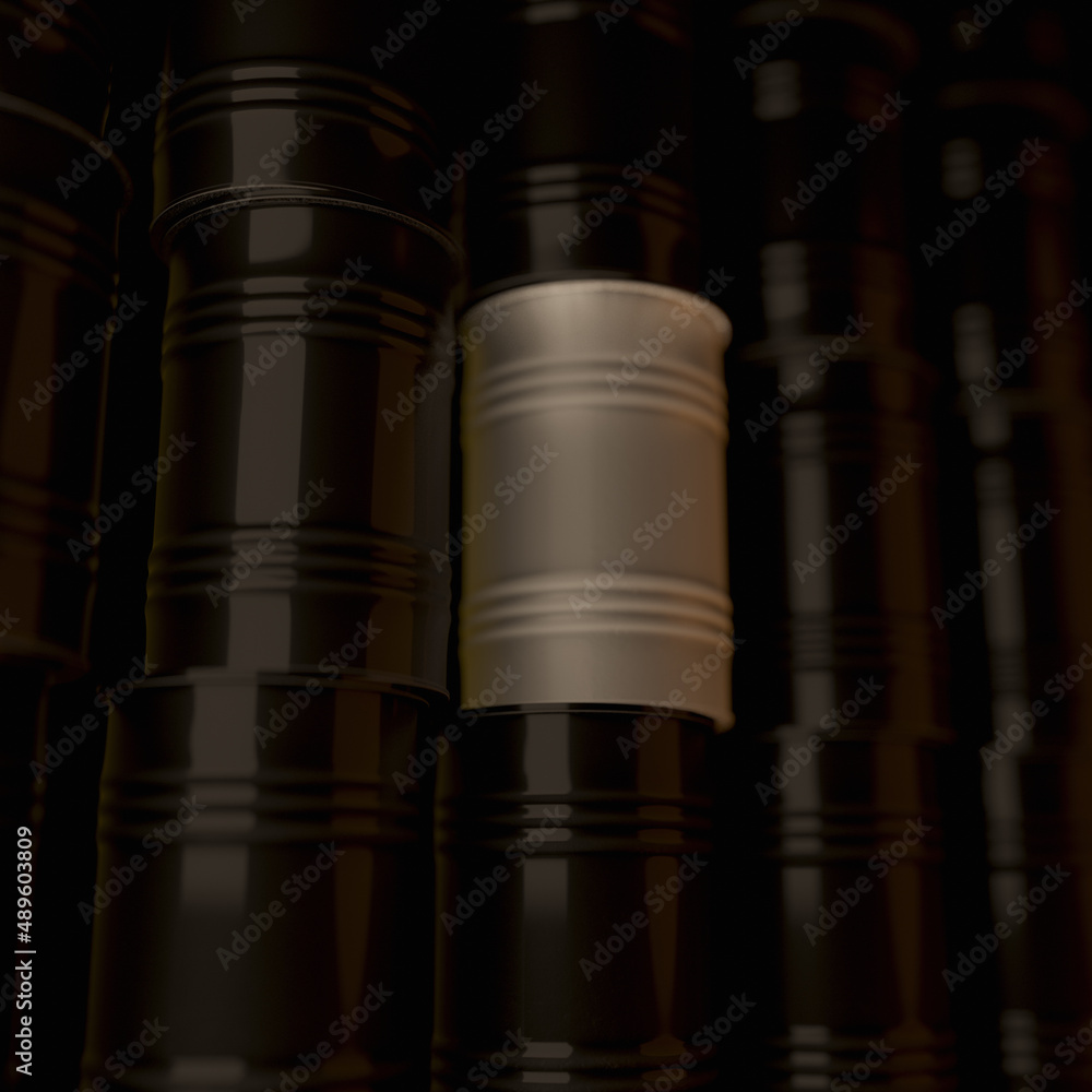 3d rendering, background image with black oil barrels, white accent 3d rendering, background image with black oil barrels, white accent