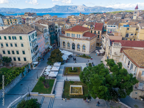 Aerial droen ciew of beautiful square in corfu town greece