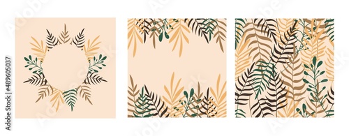 Summer tropical pattern in boho style. Earthy beige, green colors. Botanical, tropical leaves, plant branches for summer sale banners, wall art, fabrics, design. Simple flat style vector illustration.