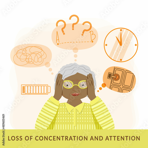The concept of Alzheimer's disease. Lovely elderly woman with stress, anxiety and memory problems. Colored woman holding her head. Flat style vector illustration.