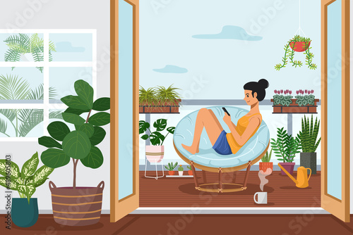 A woman using smartphone on apartment balcony decorated with green plants. Vector Illustration