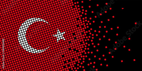 Pixel art with Turkey flag. Pixel Dots grow by concentrating within the flag. The dots inside the Turkey flag are pixel art representing unity and independence. Flag on black background.
